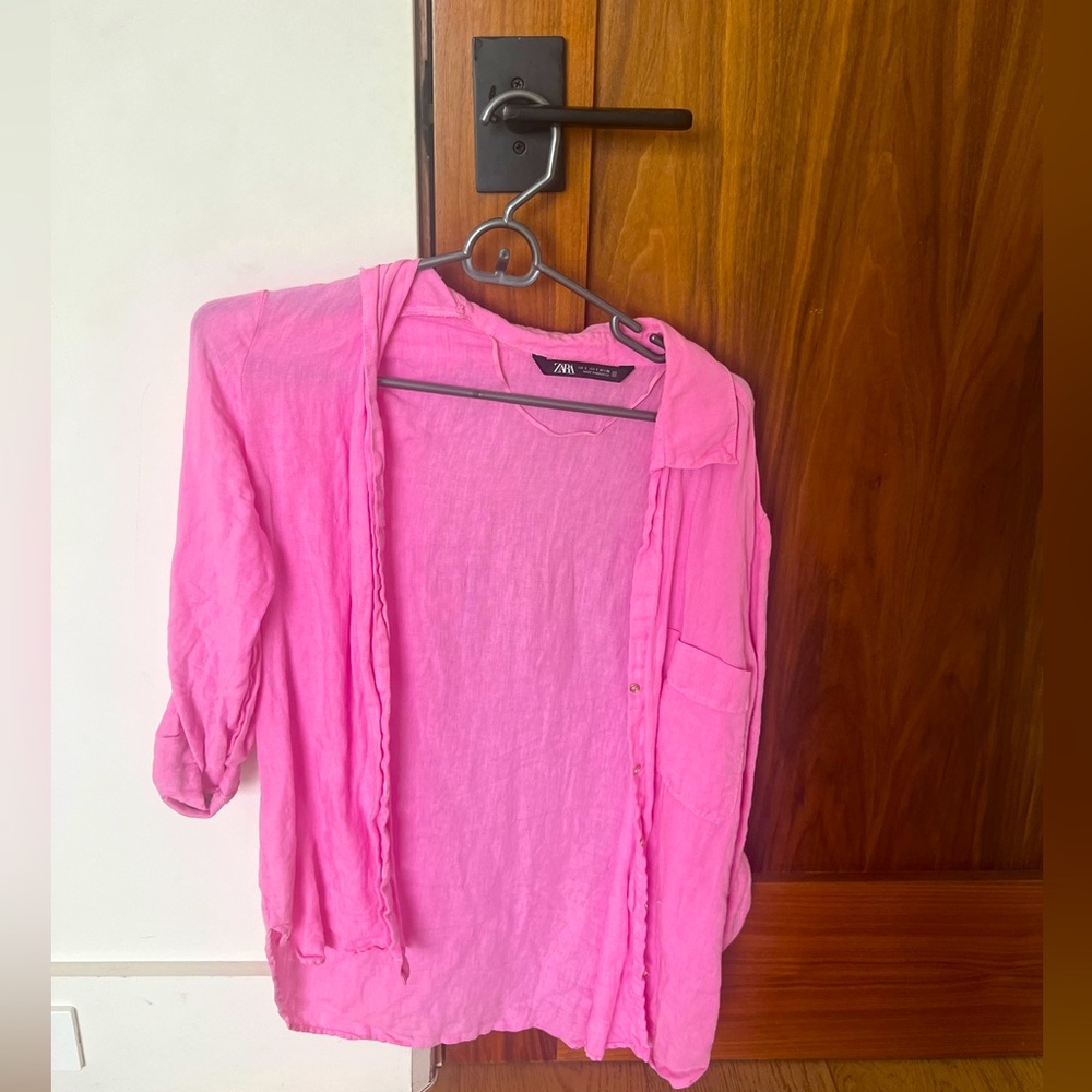 ZARA small linen pink button up top